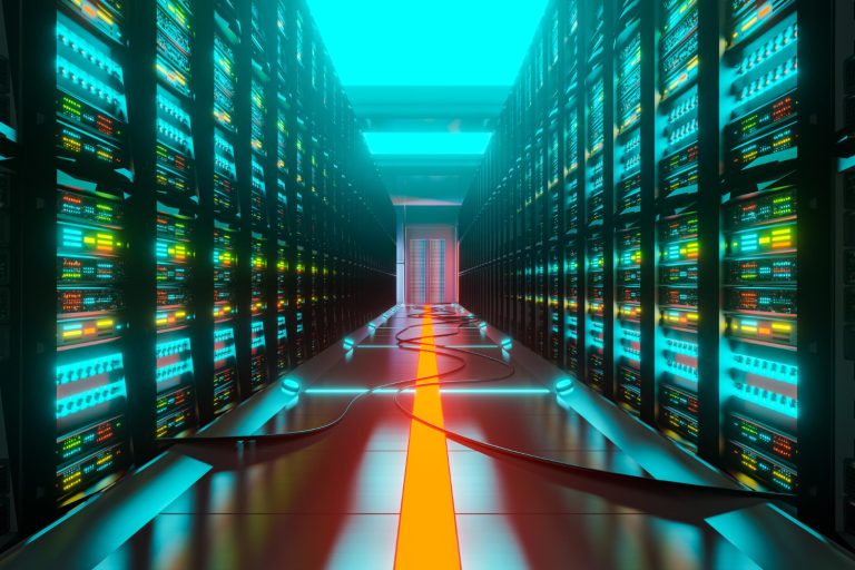 Long data-center corridor lit with orange and cyan neon lights representing AI compute infrastructure