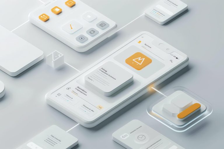 Isometric 3D mobile screens with app icons and search interface representing Google Gemini in the app ecosystem