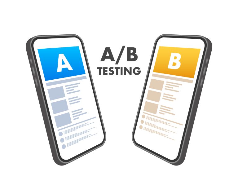 Flat illustration of two angled smartphones showing A and B versions of UI representing TikTok creative testing