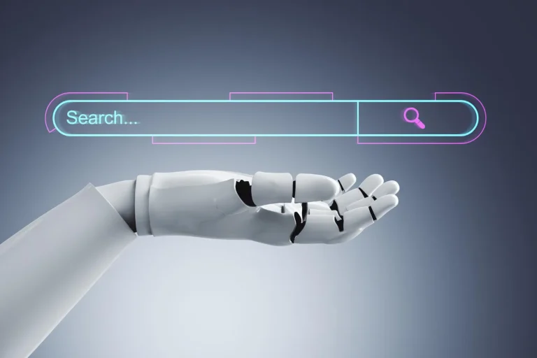 Robot hand beside a glowing search bar, representing Google AI Overviews
