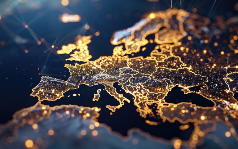 Digital map of Europe with glowing country outlines and network connections