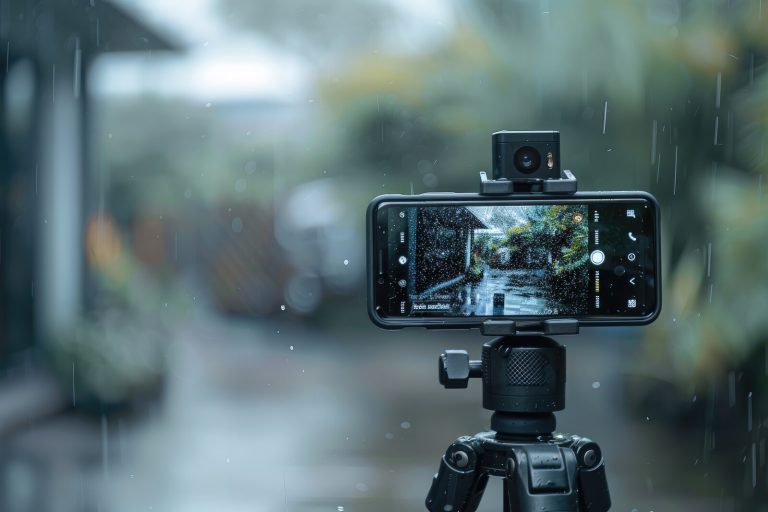 Smartphone mounted on a tripod recording a rain-soaked street, its screen showing the live scene
