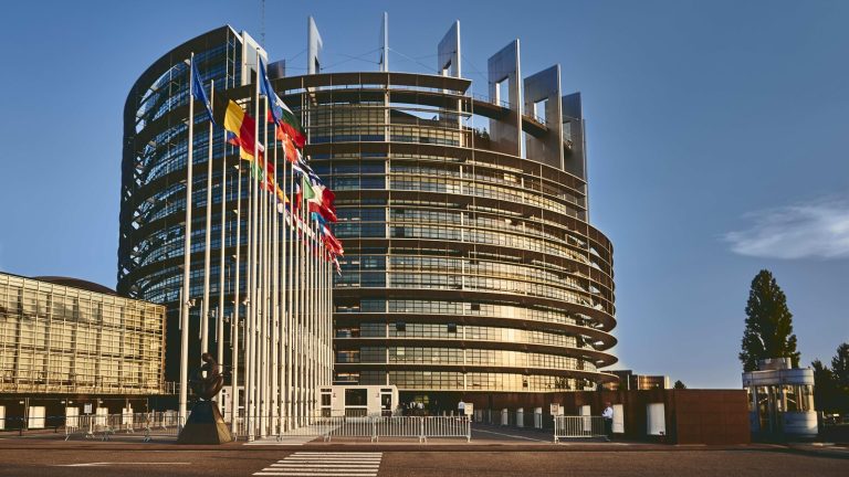 European Parliament building in Strasbourg with EU and member state flags