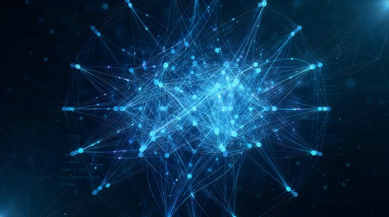 AI neural network with glowing data connections and light trails