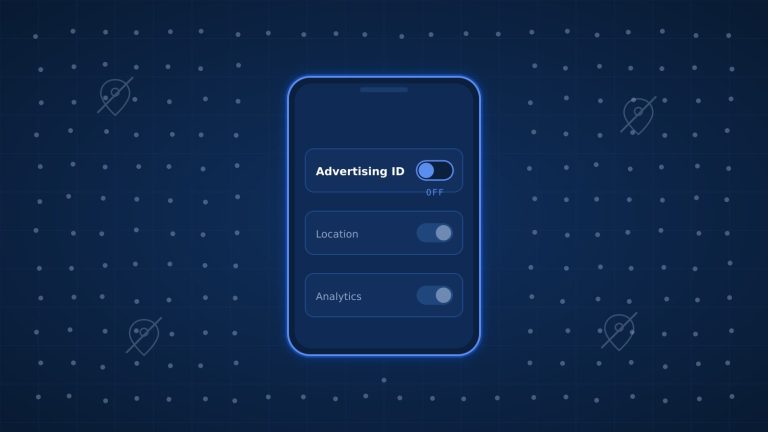 Illustration of a smartphone settings screen with the Advertising ID toggle switched off, on a dark field of identical dots