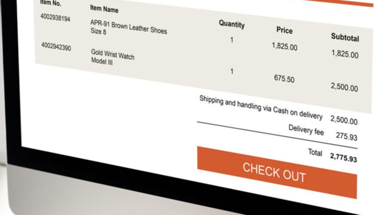 Checkout screen where an added fee line sits between the subtotal and the total, a surcharge added on top of the quoted price