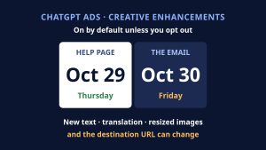 ChatGPT Ads Will Turn On Creative Enhancements by Default: The Help Page Says October 29, the Email Says October 30